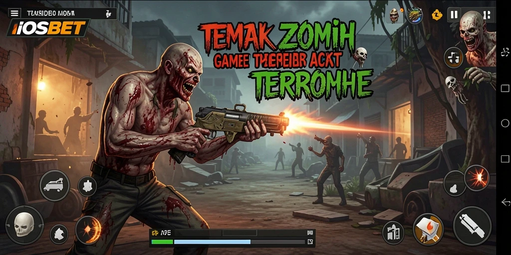 Antarmuka permainan <strong>IOSBET</strong> yang penuh aksi saat melawan zombie.