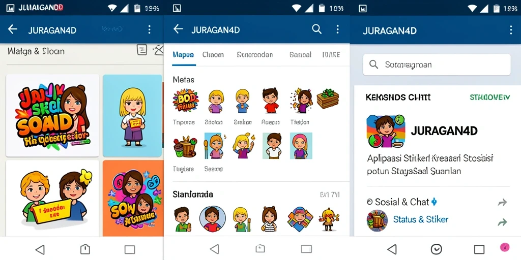 Antarmuka aplikasi JURAGAN4D dengan koleksi stiker kreatif.