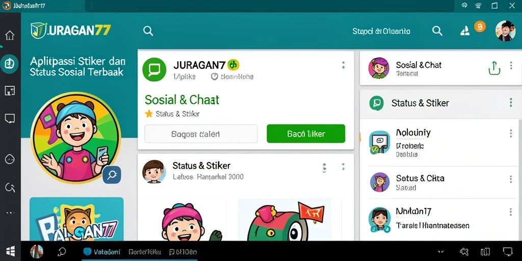 Antarmuka JURAGAN77 dengan stiker kreatif dan status terbaru.